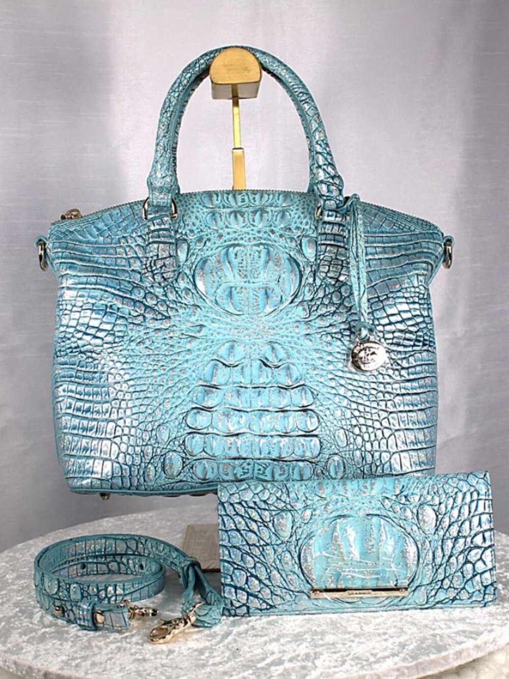 Brahmin Baby Blue Iridescent Croc Embossed Leather Satchel Wallet Set - Picture 2 of 15